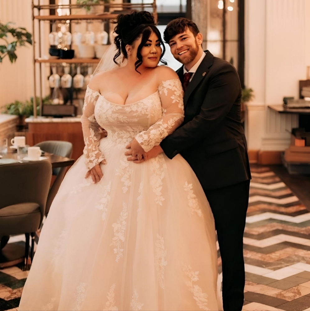 Justin Alexander Tulle Ball Gown with Off-The-Shoulder Neckline & Exposed Boning